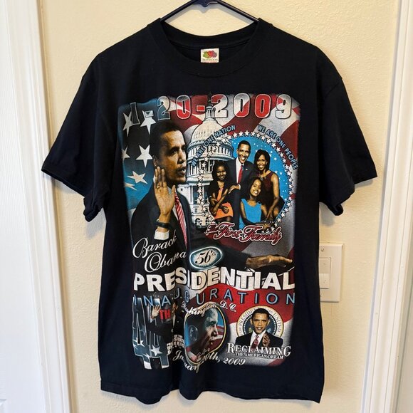 NOS Barack Obama Inaugural T-Shirt Double Sided Black Sz. L - Picture 1 of 5